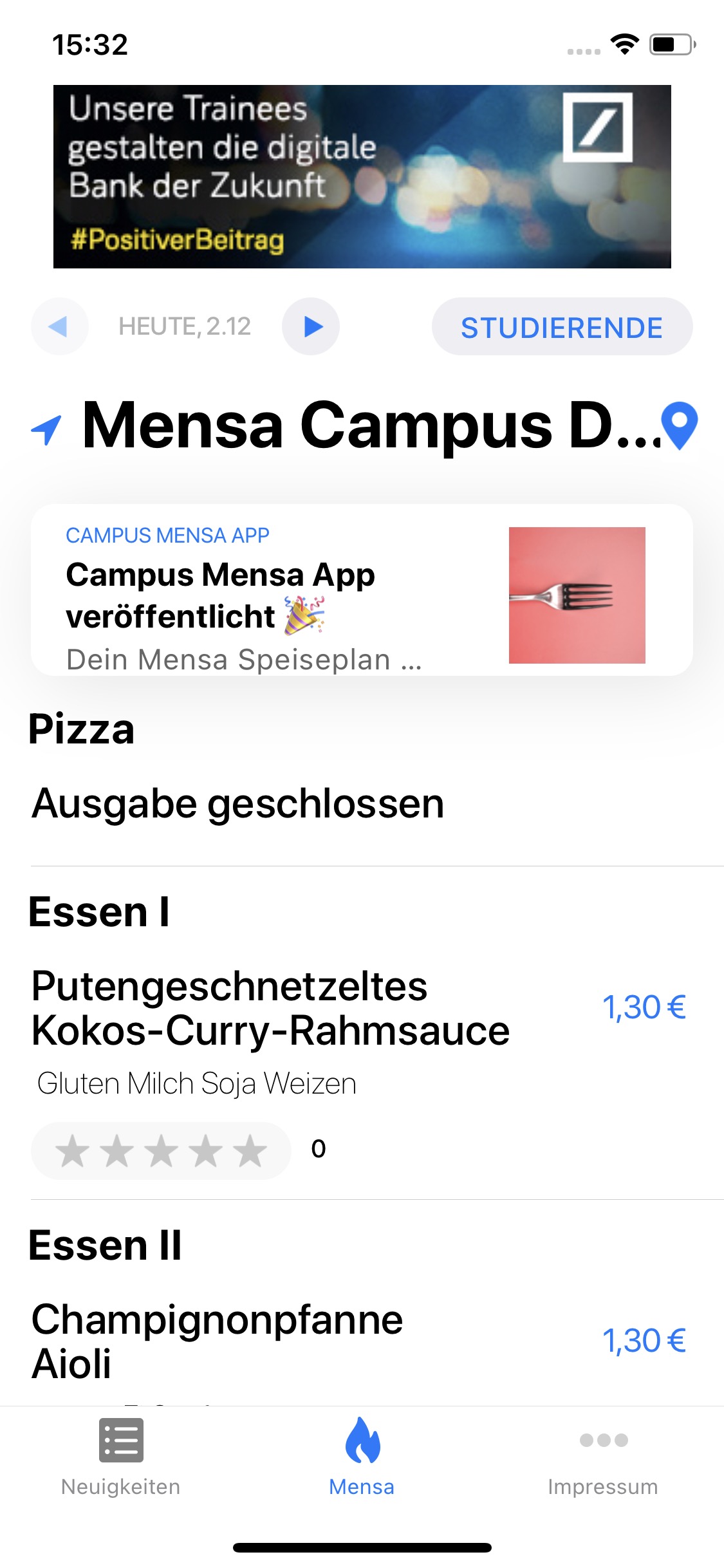 Deutsche Bank Mobile Werbekampagne Screenshot - Studicluster Referenz mit 520.000+ Impressions und 18.200+ Klicks